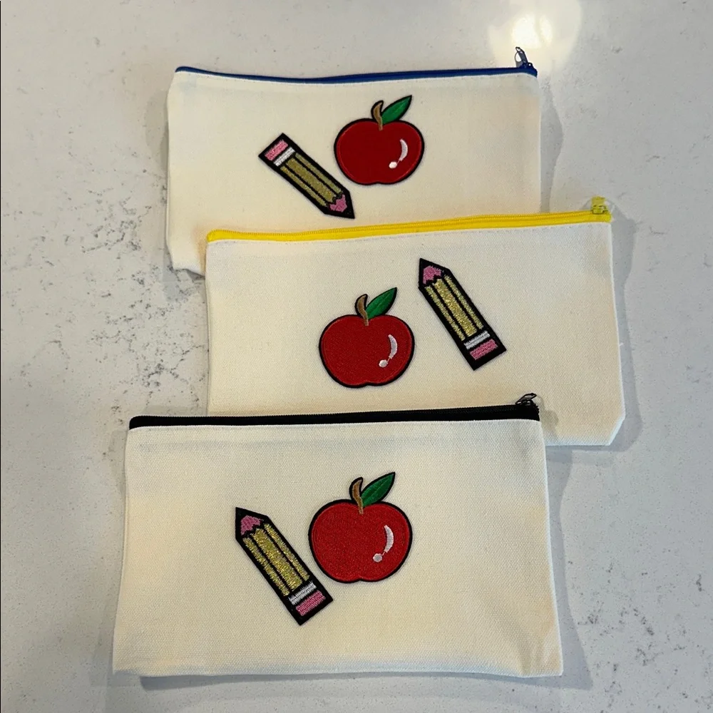 Pencil Case with Apple and Pencil Design - White